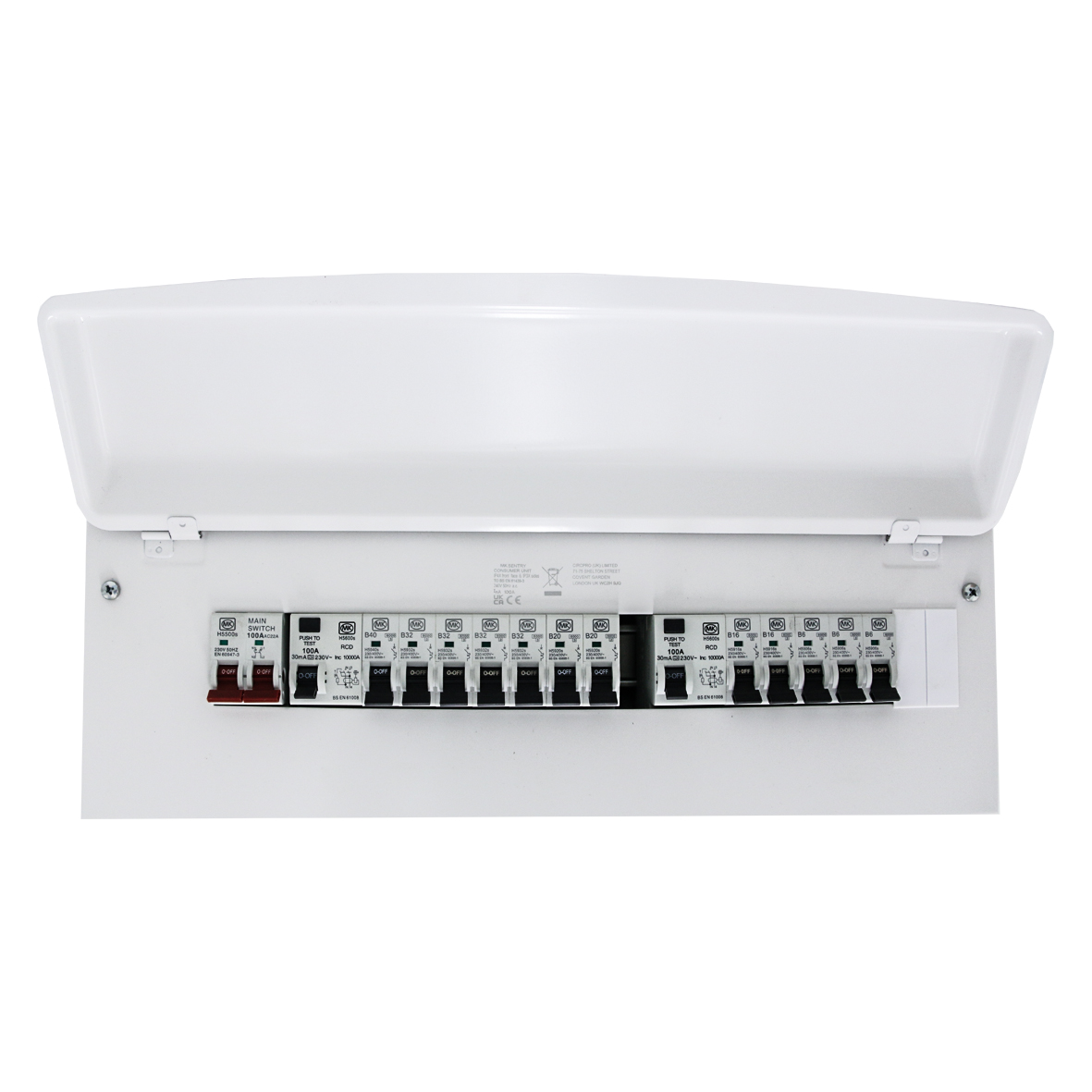 21 Way Metal Consumer Unit With 100A Switch 2 X 100A 30mA RCD -A 12 XMCB