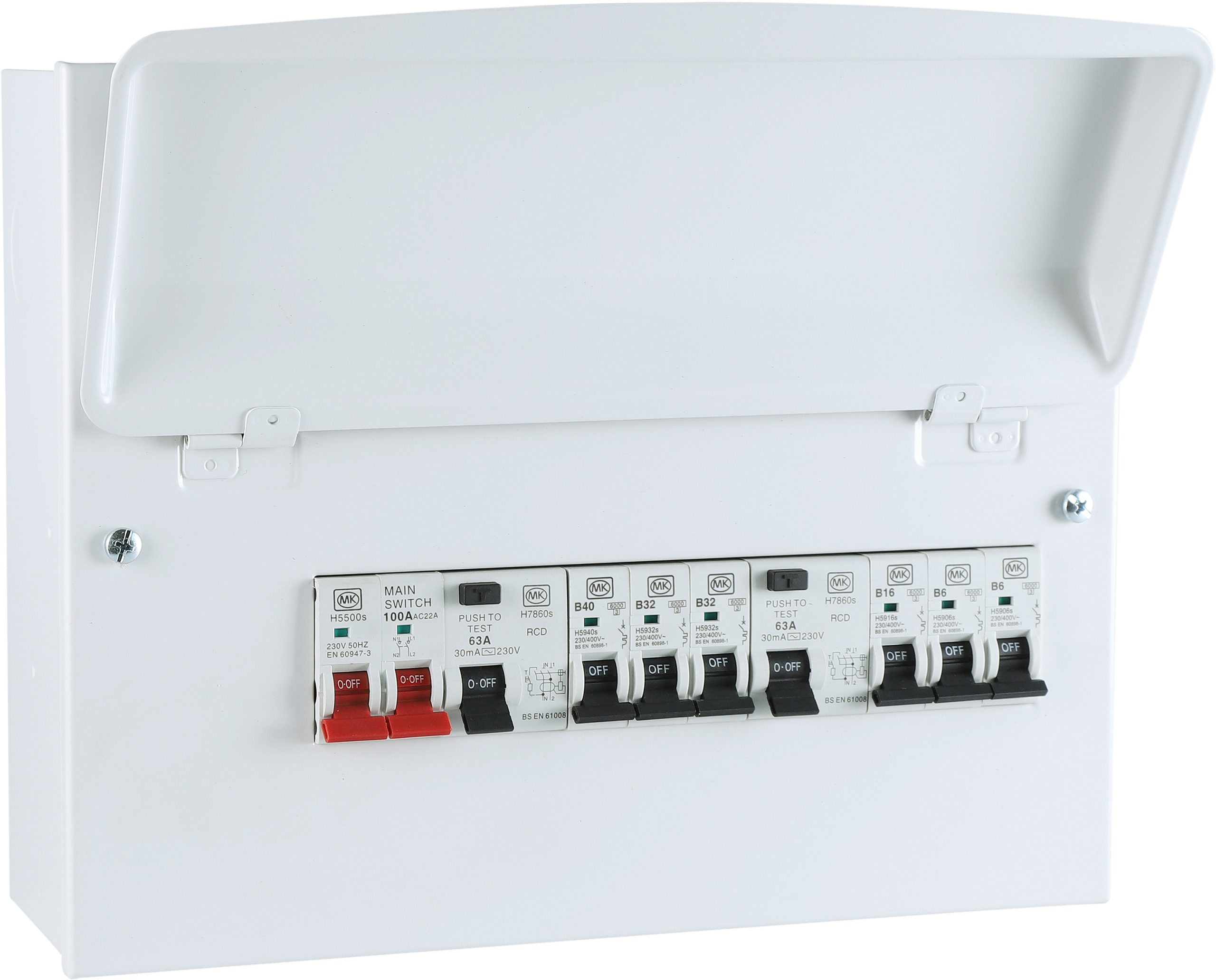 12 Way Metal Consumer Unit Dual RCD 6MCB 100A Switch - MK CIRCUITPROTECTION