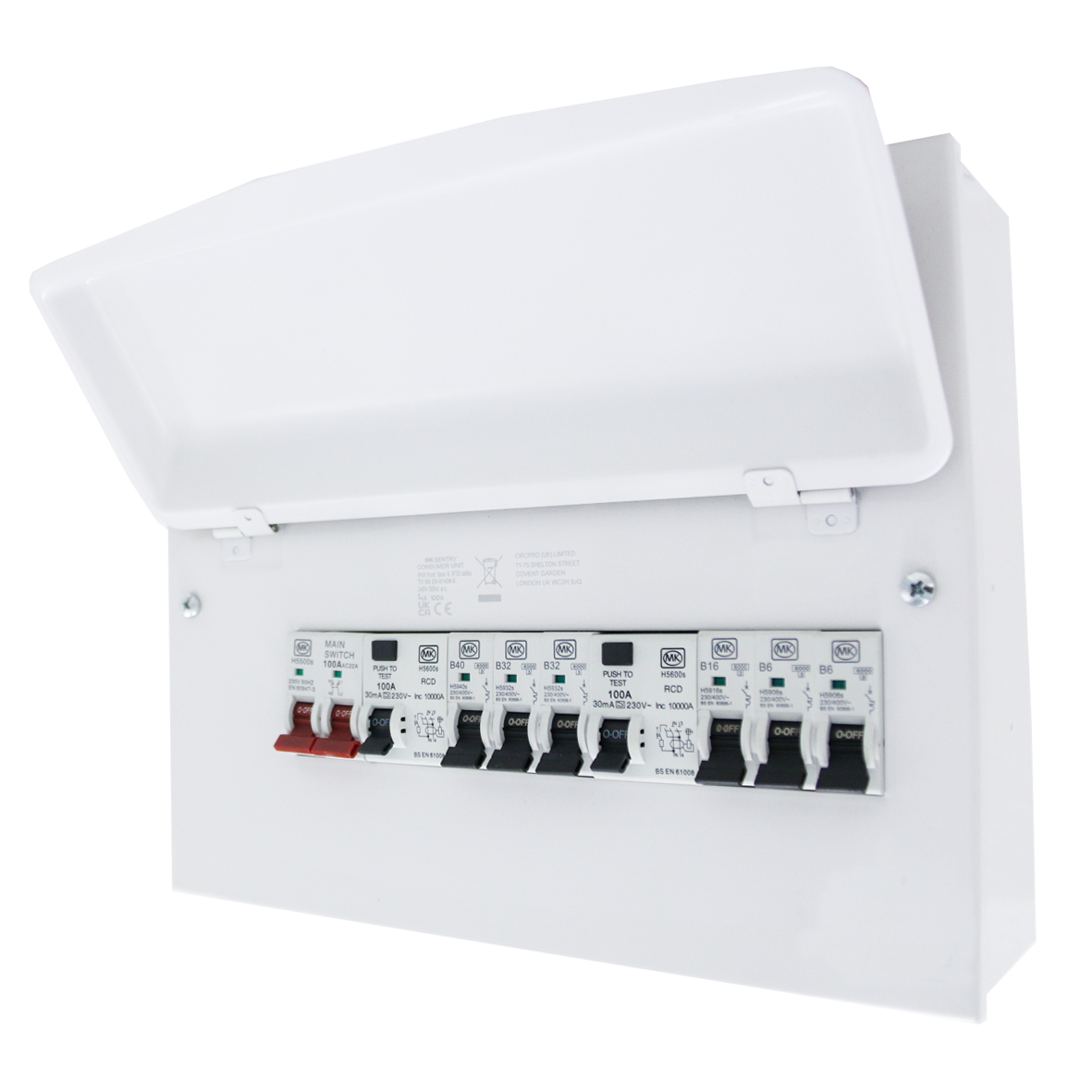 12 Way Metal Consumer Unit With 100A Switch /Dual 100A 30mA RCD TYPE A /6 MCB - MK CIRCUITPROTECTION