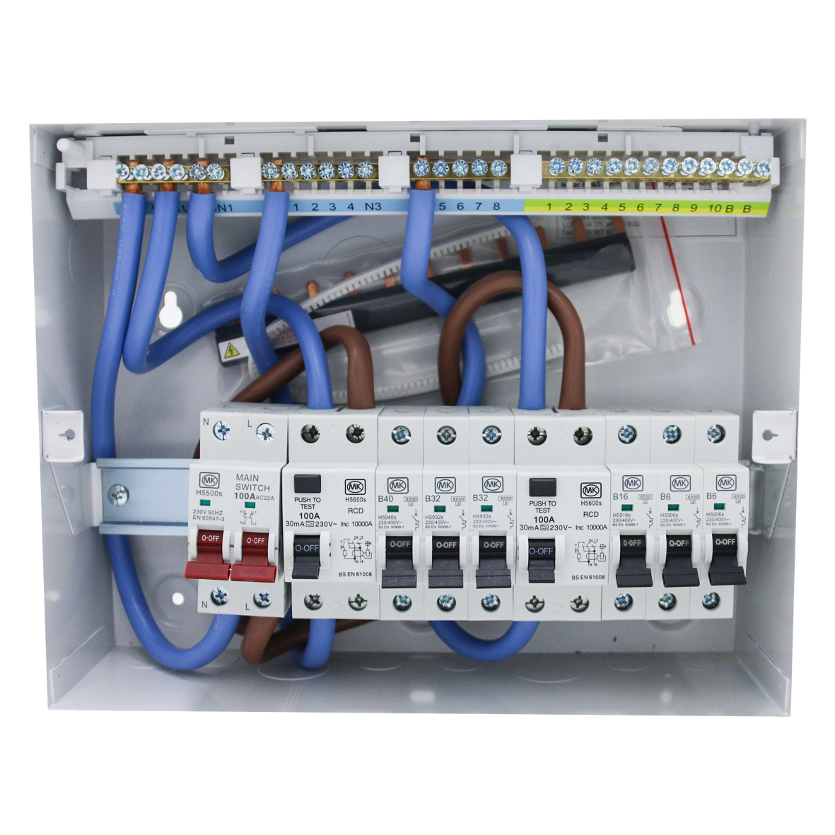 12 Way Metal Consumer Unit With 100A Switch /Dual 100A 30mA RCD TYPE A /6 MCB - MK CIRCUITPROTECTION