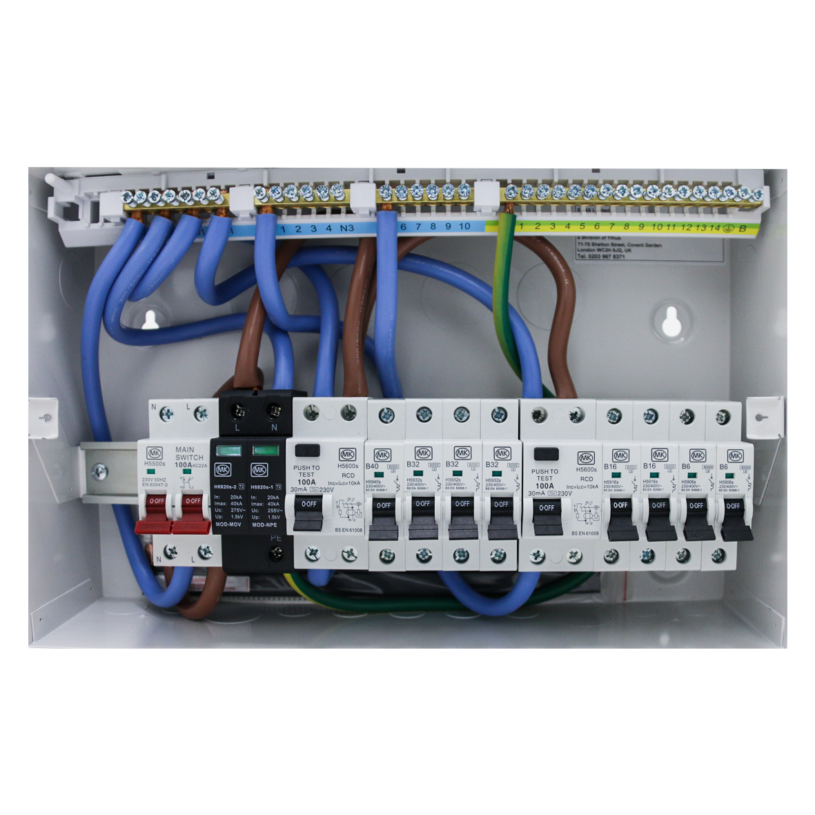 16 Way Metal Consumer Unit With 100A Switch 2 X 100A 30mA RCD TYPE A 8 X MCB - MK CIRCUITPROTECTION