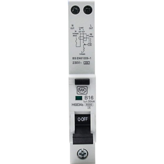 RCBO 16A 230V B CURVE 30MA TYPE A SINGLE MODULE 6KA